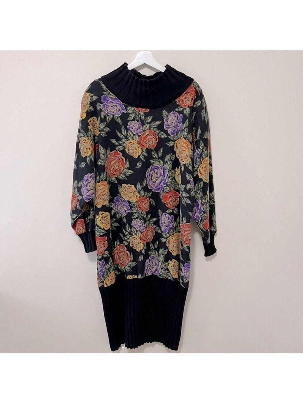 Vintage Stilconf Midi Dress Knitted Wool Floral Black Multicolor W EU 44 US 8/M